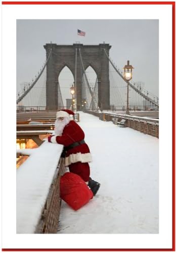 Santa Watching Traffic on Brooklyn Bridge, New York - Handmade Christmas Photo Greeting Cards