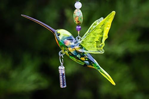 8" Hanging Collectible Murano Glass Green Headed Hummingbird Ornament with Silver Keepsake Pendant for Ash - Sympathy Gift