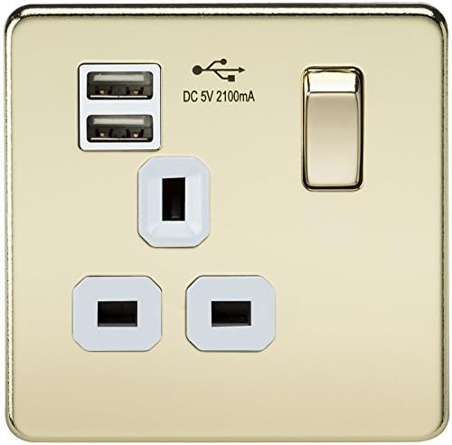 Knightsbridge SF9901PBW Screwless 13A 1G Switched Socket With Dual USB Charger Polished Brass With White Insert by WIF