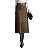 SUNYUESTAR Long Leather Skirts for Women Casual High Waisted Fall Winter Bodycon Midi Skirt with Slit