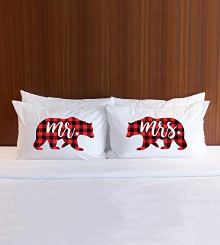 Gift for Couples Pillowcase Set Mr & Mrs Bear Plaid Pattern Holiday Festive Pillows for Couple His and Hers
