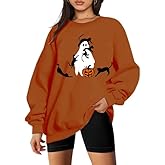 AMWIPE Halloween Sweatshirts for Women Oversized Black Cat Spooky Sweatshirt Cute Ghost Crewneck Pullover Tops