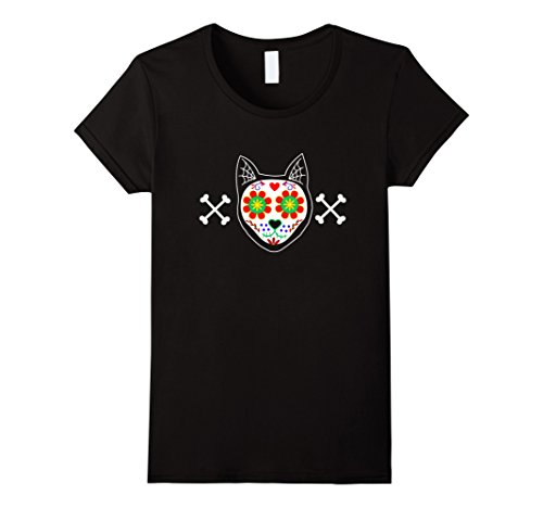Womens Sugar Skull Cat Tshirt - Dia De Los Muertos Shirt Small Black