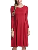 Meaneor Women's Solid Round Neck Long Sleeve Casual Loose T-Shirt Pleated Dress