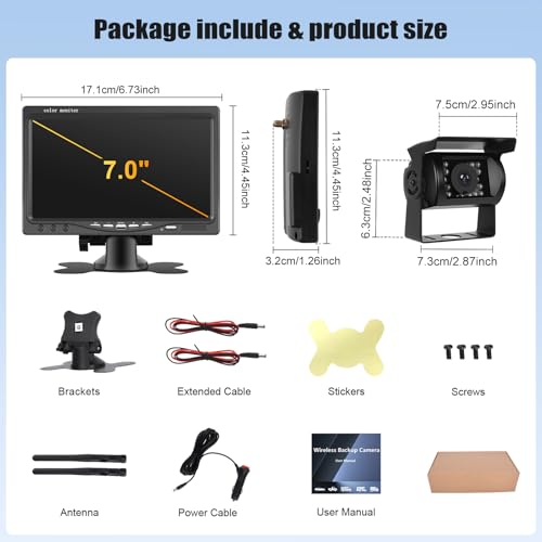 CAMECHO Wireless Reversing Camera IP68 Waterproof Night Vision Wide Angle Camera with 7 Inch HD Monitor for All Models, 12V-36V High Performance Chip with Line Reverse