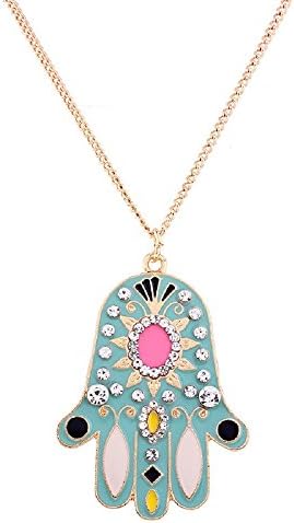 Long chain sweater necklace hand of Fatima small palm pendant necklace with rhinestone jewelry for women