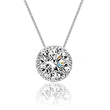 Cat Eye Jewels Women 925 Sterling Silver Round Cut Clear CZ Cubic Zirconia Diamond Halo Pendant Necklace 16inch Chain with 5cm Extension Chain SN001