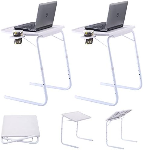 2 x Table Adjustable PC TV Laptop Desk Tray Home Office s/ Cup Holder White