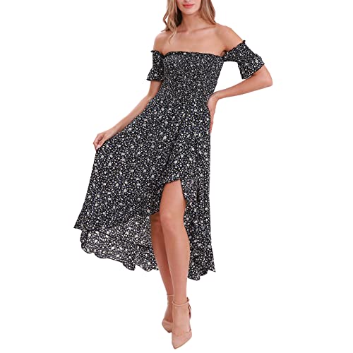 YODNBUK Women\'s Casual Floral Print Off Shoulder Smocked Ruffle Short Sleeve Swing Dress Ruffle Hem Shirred Split Midi A Line Dress