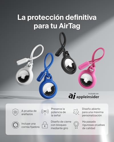Funda AirTag con Correa, Llavero AirTag Resistente a los Arañazos, Banda para Aro de Llavero, Frontal Abierto y Bordes Elevados, Cubierta, Localizador de Llaves, Mascotas y Maletas, Blanco