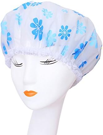 Mlotus Waterproof Elastic Reusable Shower Cap Women Bath Caps Transparent Blue Flower (pack of 2)