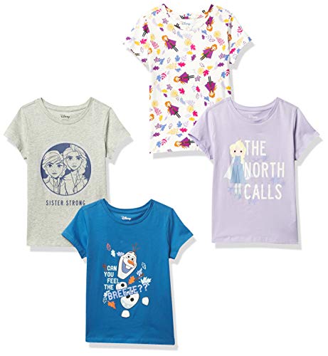 Amazon Essentials Disney | Marvel | Star Wars | Frozen | Princess T- Shirts à Manches Courtes Fille, Lot de 4, Bleu/Gris/la Reine des Neiges 2 - Plus Forts Ensemble/Violet, 9 ans