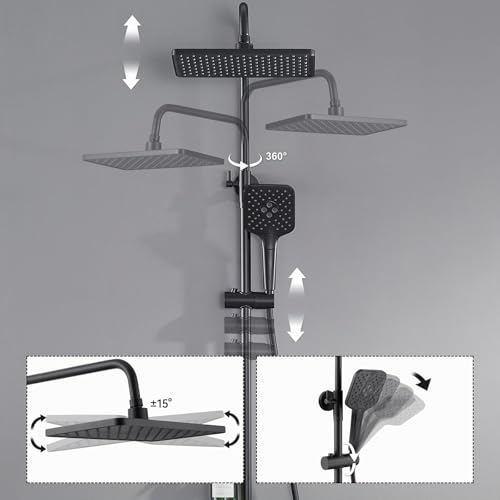 Auralum Thermostatic Shower Column with Glass Shelf, Thermostatic Mixer Tap and Shower Canopy Wide 12", 3 Water-Saving Jets - Complete Kit