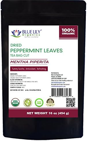 Blue Lily Organics Peppermint Tea 1 Lb (16 Oz) CERTIFIED Organic Loose Leaf (C/S) Herbal Tea (Mentha piperita), BULK Stand-up Resealable Pouch