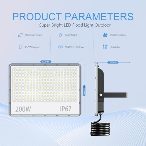 TOPAUBUB Outdoor LED Spotlights 200W, Outdoor LED Projector 20000LM 6500K Cool White Waterproof IP67 for Garden (1 Piece)