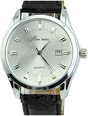 Generic Vintage Men's Stainless Steel Calendar Dial Leather Business Quartz Wrist Watch (Black Band+White Deal)