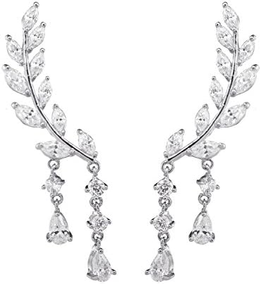 sanfnee CZ Vine Jewelry Sweep Wrap Crystal Rose Gold Silver Leaf Ear Cuffs Set Stud Earrings for Women