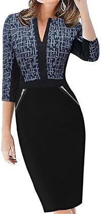JONNIIY Plus Size Front Zipper Women Work Wear Elegant Stretch Dress Charming Pencil Spring Business Casual Dresses 837 Black and Blue S
