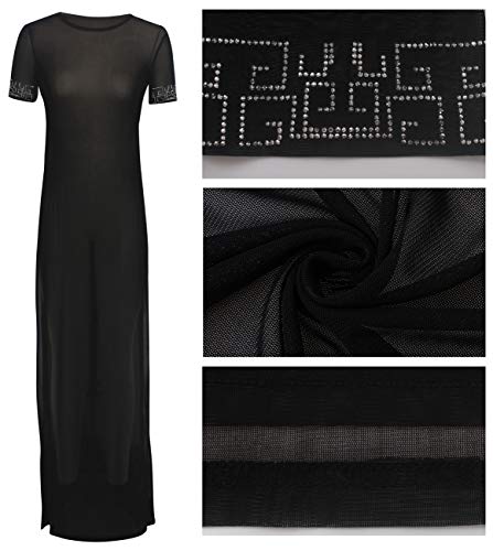 Women's Sexy Long Maxi Dresses Summer Casual See Thru Round Neck Short Sleeve Sheer Mesh Beach Cover Ups Loose Stretchy Plus Size Swimsuit Split Side with Fake Diamond