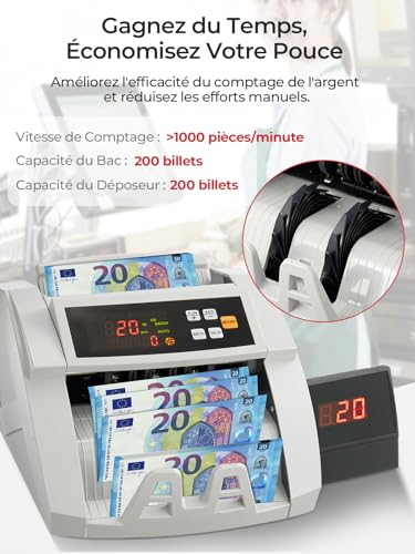 FOHERE Bill Counting Machine, Money Counting Machine with Counterfeit Detection UV/MG/IR/DD Counterfeit Detection, 1100 Tickets/Minute, LCD Display, Value and Lot Modes for Shops, Banks and Restaurants