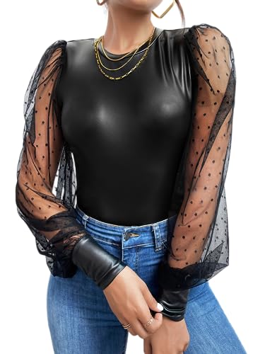 WDIRARA Women's Faux Leather Sheer Puff Long Sleeve Slim Top PU Crew Neck Blouse Black Large at Amazon