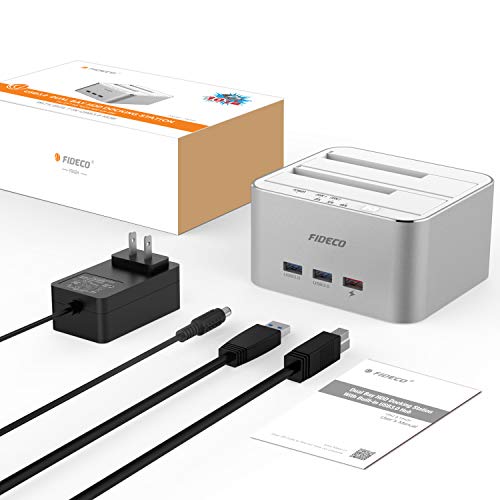 FIDECO Hard Drive Docking Station, USB 3.0 to SATA HDD Docking Station Dual-Bay External Hard Drive Dock with Offline Clone Function for 2.5"/3.5" SATA HDD SSD Drives, Support 2X 10TB, Silver