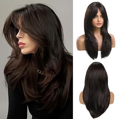 OUFEI 20 Inches Long Straight Dark Brown Gradient Synthetic Hair Wigs with Fringe for Women Daily Use for Party