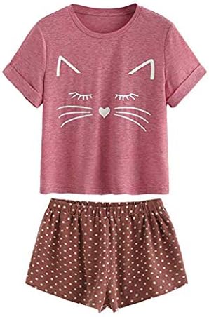 SSYUNO Casual Cat Printed Pajamas Short Sleeve T-Shirt Sleepwear Nightwear Set for Women Girls