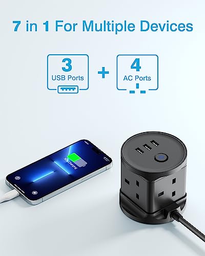 Cube Extension Lead with USB, UK 7-in-1 Power Strip with 3 USB Ports (5V/2.4A) Chiefox 4 Way Extension Cable Socket with Switch, 3M Multi Plug Extension Cords for Home Office Travel Dorm Room- Black