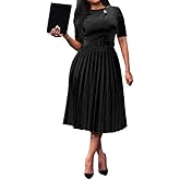 VERWIN Short Sleeve Round Neck Women's Maxi Dress Pleated Plain Belt Dress