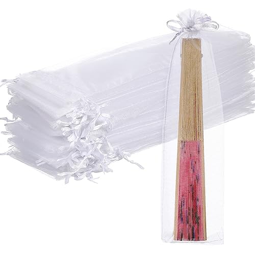 50 Pack Organza Bags Drawstring Organza Bag White Folding Hand Fan Pouch Wine Bottle for Wedding Candy Jewelry Party Favors 26×6cm