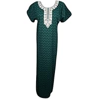 Mogul Interior Women's Caftan Nightgown Green Embroidered Cotton Kaftan Maxi Dress L
