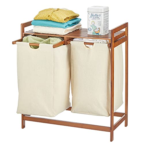 mDesign Freestanding Bamboo 2 Section Double Laundry Organizer Hamper