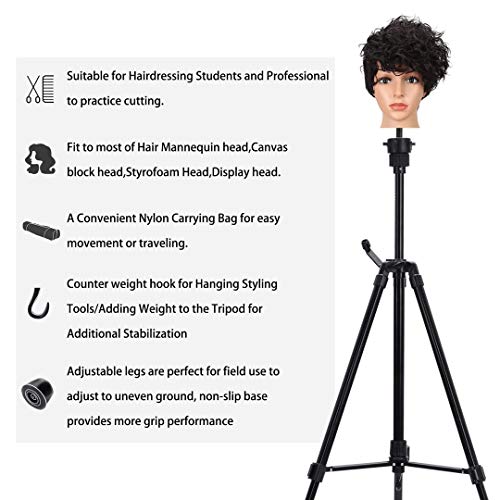 Klvied Tripod Wig Stand for Hair Extension, Adjustable Mannequin Head Stand, Canvas Block Wig Head Stand for Hairdryer, Hair Salon, Hairdressing, Cosmetology Training with T-Pins, Carry Bag - Thumbnail 5