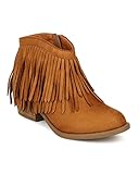 Soda CG82 Women Suede Layered Fringe Stacked Western Ankle Bootie - Tan Faux Suede