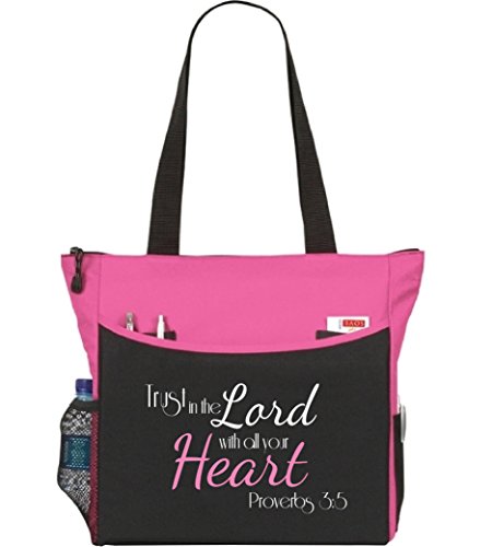 Proverbs 3:5.6 Trust In The Lord Tote Bag Christian Bible Cover Verse Church Office School Travel Gym Book Organizer - Pink Black White