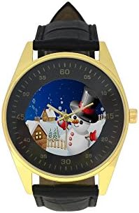 Merry Christmas Cute Snowman Men's Golden Leather Strap Watch,Watch Face Diameter: 1.69"