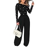 Ninimour Jumpsuits For Women Dressy Pearls Decor Long Sleeve One Piece Outfits For Women Casual Ruched Wide Leg Rompers