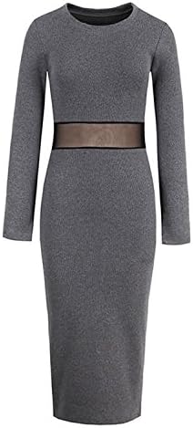 GUNCOI Women Autumn Dress Girls Red Long Sleeve O-Neck Bodycon Sexy Mid-Calf Solid Black Dresses Fabrics Girls Pullover Dress Dark Gray S