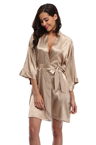 Women's Satin Rhinestone Short Wedding Kimono Robe for Bridesmaid, Champagne XS
