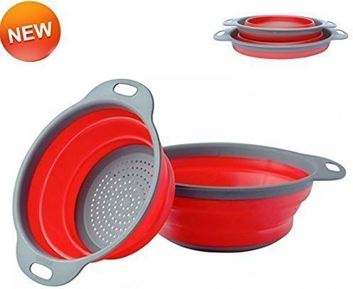 2 Pack Collapsible Colanders Set, Kitchen Foldable Compact Collapsible Strainer Set BPA Free Dishwasher Safe 2 Sizes for Great Mother's Day(Red&amp;Gray)