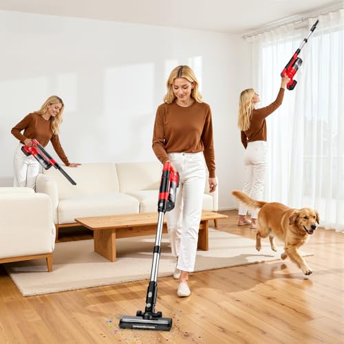 700W Cordless Vacuum Cleaner, 2×4000mAh Brushless Vacuum Cleaners for Home, 6 in 1 Lightweight Stick Vacuum 60kPa, 3 Suction, Portable Handheld Cordless Vacuum for Pet Hair/Hardwood Floor/Dorm Red
