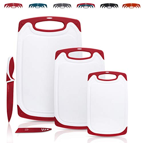 CHEF GRIDS Durable Plastic Cutting Board Set 3 Piece Chopping Board Thick Plastic, for Vegetable Meat or Cheese with Non-Slip Feet and Handles with Juice Groove | Plus Knife, Red