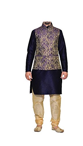 inyour men's silk blue gold waiscoat,dark blue kurta,gold pajama set_inyour-tr3147wcp