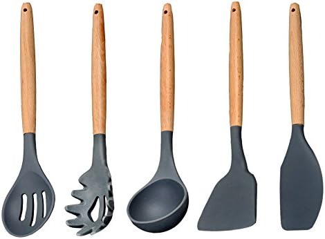 Yummy Sam 5 Piece Cooking Utensil Set, Silicone Cooking and Serving Utensils Set, BPA Free Kitchen Tool and Gadget Set Heat Resistant Non-Stick Baking Gadgets with Wood Handle