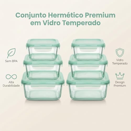 Conjunto 6 Potes Herméticos de Vidro com Tampa, 370ml 640ml 1040ml | Vedação Airtight, Ideal para Geladeira, Ideal para Freezer, Ideal para Marmita, Tampa Branca