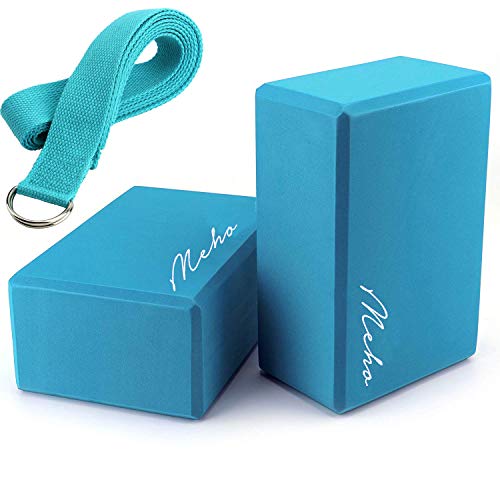 Meho Yoga Set 2 Pack Yoga Block with 8ft Yoga Strap High Density EVA Foam Yoga Brick to Support and Deepen Poses, Yoga Belt for Stretching