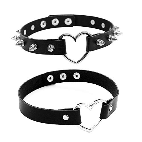 Jurxy-2-PCS-Collana-Girocollo-Cuore-Collare-Girocollo-in-Pelle-PU-Goth-Colletto-Punk-Rock-Rivetto-Misura-Regolabile-Nero