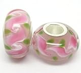 Bleek2Sheek Murano Glass Pink & Green Dots on Aqua Blue (set of 2) Fits Pandora