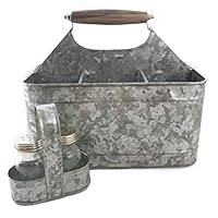 Galvanized Metal Caddy Plus Matching Salt and Pepper Shaker Farmhouse Rustic Carry-All Picnic Kitchen Utensil Organizer Condiment Holder by Well Pack Box